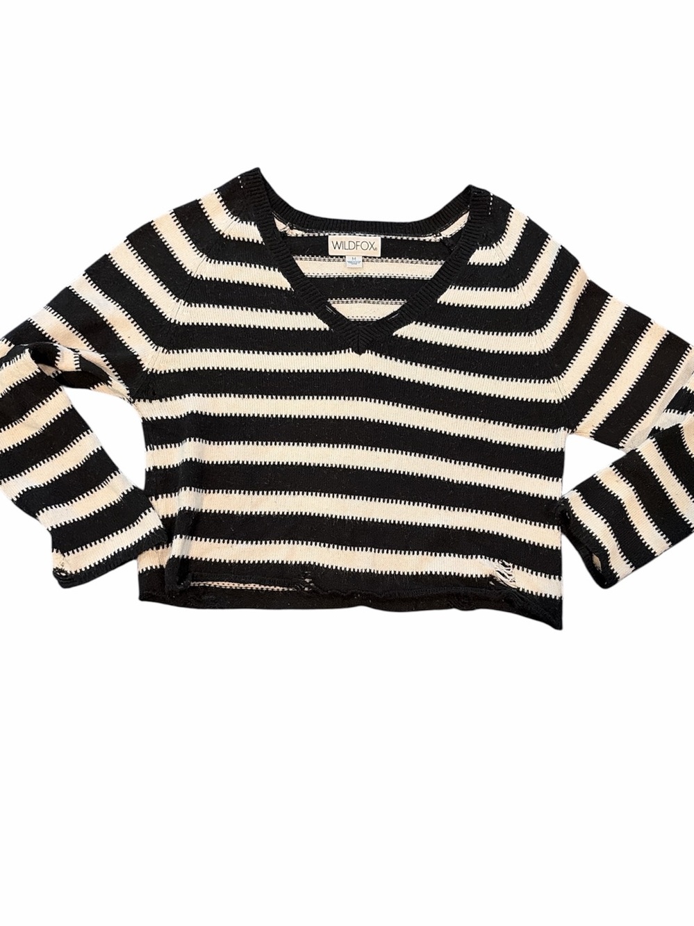 Wildfox Distressed Black & Cream Striped V-Neck Cropped Sweater